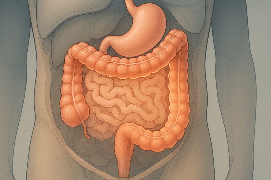 Anatomical illustration showing the human digestive system with the colon softly glowing to explain what is the primary function of the large intestine.