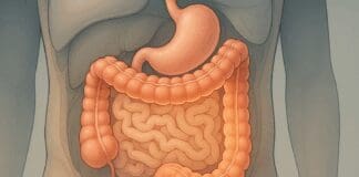 Anatomical illustration showing the human digestive system with the colon softly glowing to explain what is the primary function of the large intestine.