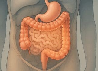 Anatomical illustration showing the human digestive system with the colon softly glowing to explain what is the primary function of the large intestine.