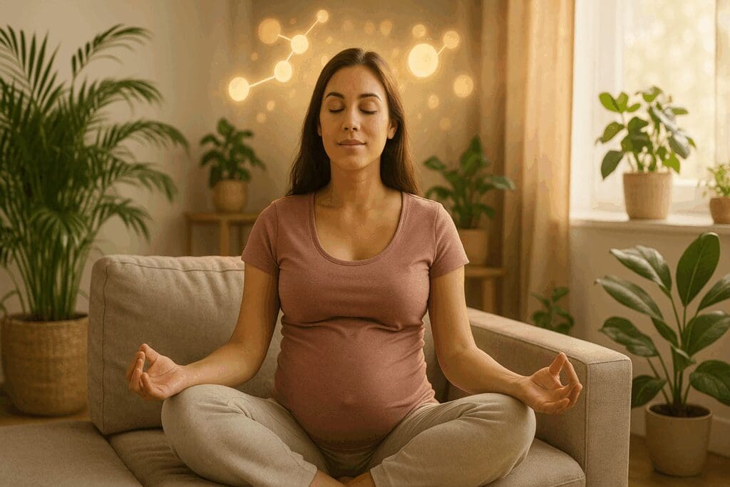 Pregnant woman meditating peacefully in a sunlit room with glowing serotonin symbols, promoting emotional calm supported by niacin vitamin B6