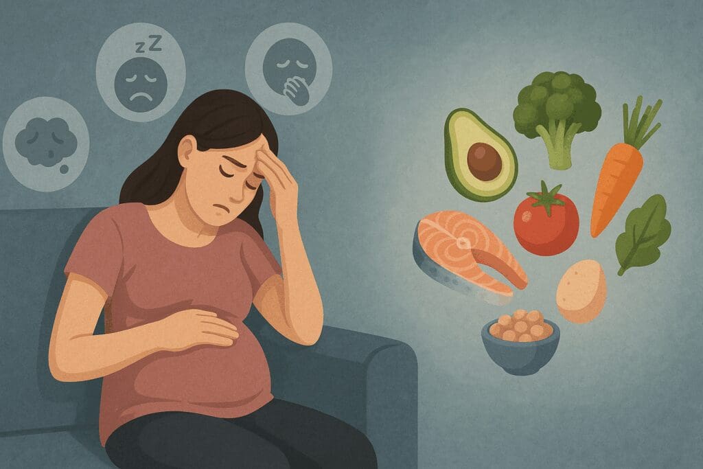 Fatigued pregnant woman on a couch surrounded by icons of brain fog, nausea, and fatigue, with nutrient-rich foods like salmon and spinach symbolizing niacin vitamin b6 deficiency