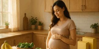 The Vital Role of Niacin Vitamin B6 in Pregnancy Nutrition and Maternal Wellbeing Pregnant woman cradling her belly in a sunlit kitchen surrounded by foods rich in niacin vitamin b6 like bananas, salmon, avocados, lentils, and leafy greens.