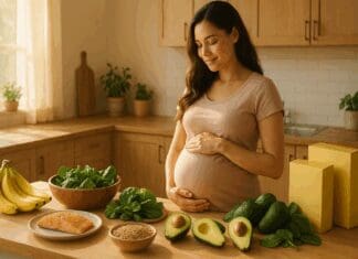 Pregnant woman cradling her belly in a sunlit kitchen surrounded by foods rich in niacin vitamin b6 like bananas, salmon, avocados, lentils, and leafy greens.