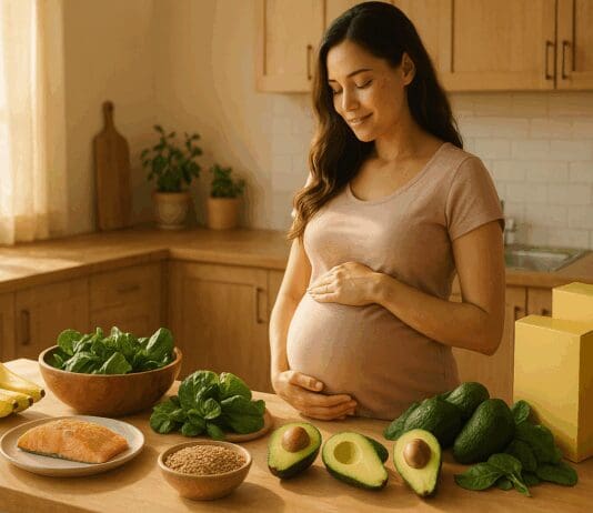 Pregnant woman cradling her belly in a sunlit kitchen surrounded by foods rich in niacin vitamin b6 like bananas, salmon, avocados, lentils, and leafy greens.