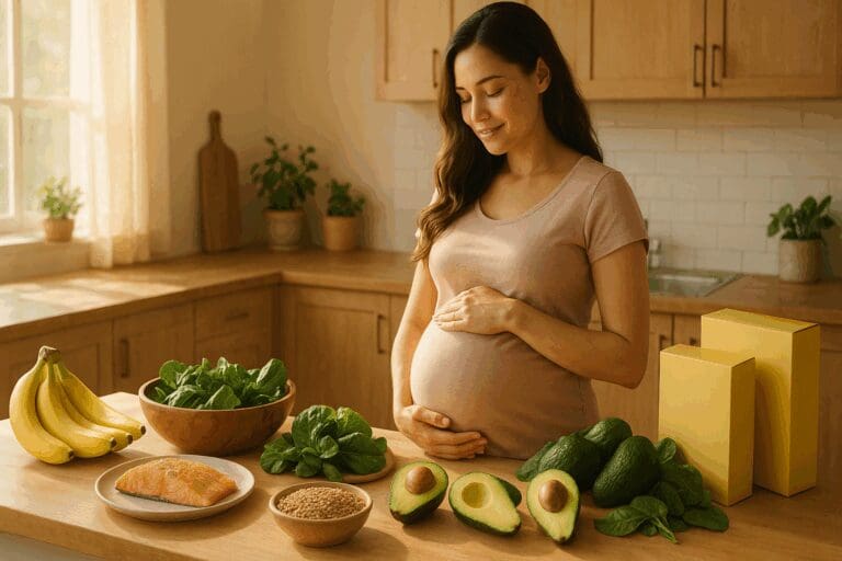 Pregnant woman cradling her belly in a sunlit kitchen surrounded by foods rich in niacin vitamin b6 like bananas, salmon, avocados, lentils, and leafy greens.