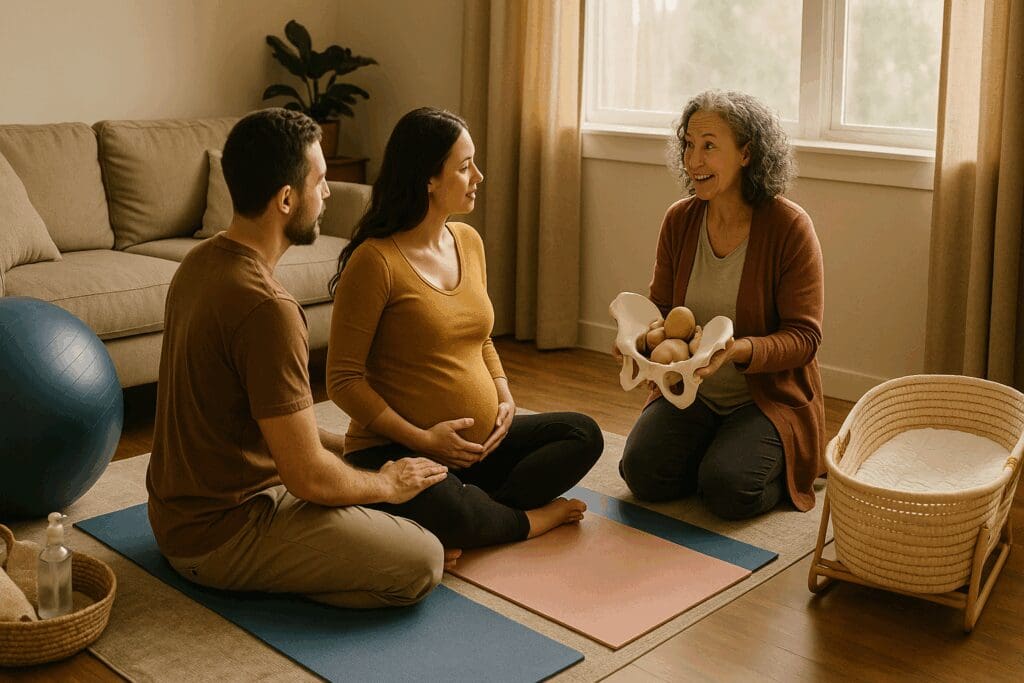 Midwife demonstrating birthing techniques to a couple in a cozy living room, illustrating when to take birthing classes for home birth.