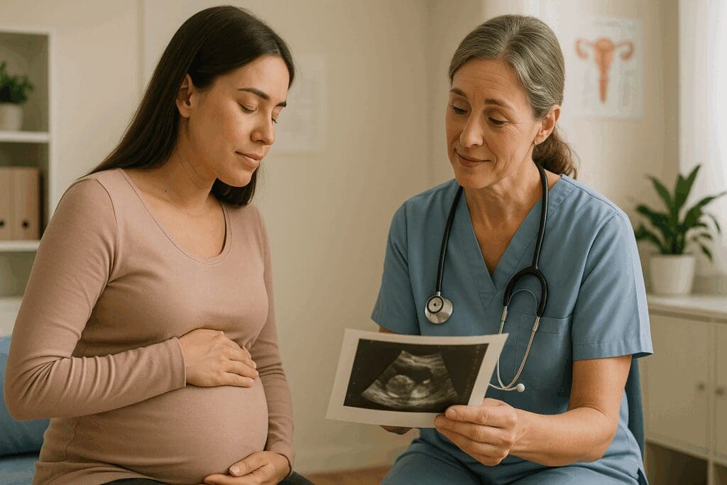 Pregnant woman attentively consulting with a midwife while reviewing an ultrasound, illustrating when to take birthing classes during high-risk pregnancy care.