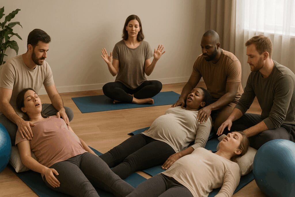 Expectant parents practicing breathing exercises with partners in a Lamaze class, illustrating when to take birthing classes for relaxation techniques.