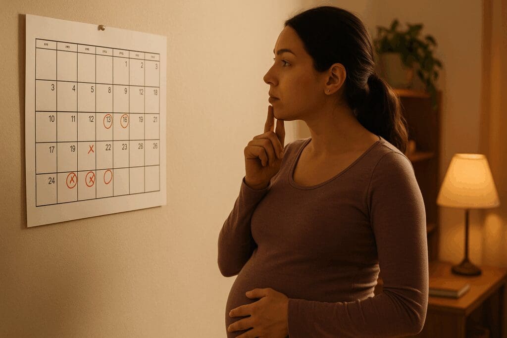 Pregnant woman thoughtfully looking at a wall calendar with marked dates, considering when to take birthing classes.