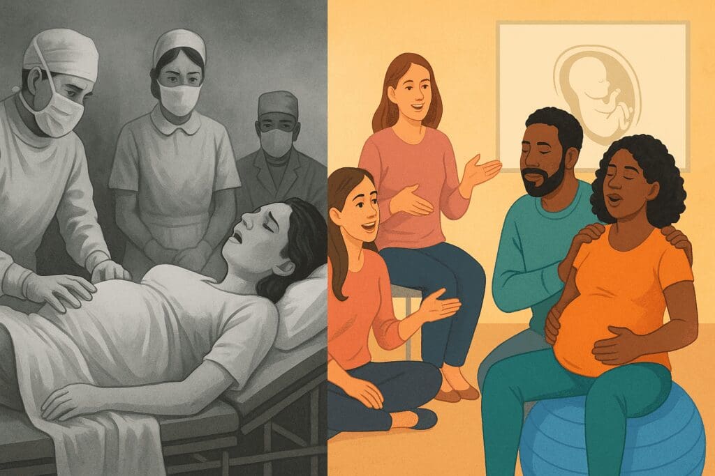 Side-by-side illustration showing the evolution from doctor-led childbirth to modern support-focused birthing classes, highlighting when to take birthing classes for a more empowered experience.