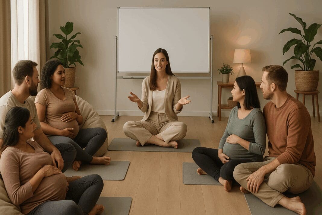 Diverse group of expectant parents attending a prenatal session, learning about when to take birthing classes in a calm, supportive setting.