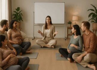 Diverse group of expectant parents attending a prenatal session, learning about when to take birthing classes in a calm, supportive setting.