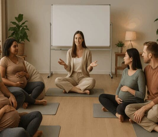 Diverse group of expectant parents attending a prenatal session, learning about when to take birthing classes in a calm, supportive setting.