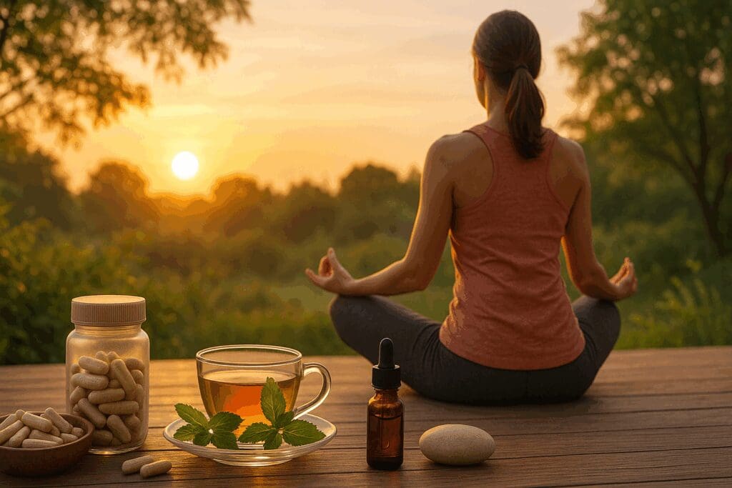 Woman practicing sunrise yoga on a wooden deck with herbal tea, essential oils, and menopause supplements for weight loss in the foreground