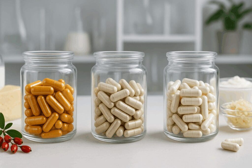 Three supplement jars containing berberine, CLA, and probiotic capsules with natural ingredients in a lab setting, illustrating menopause supplements for weight loss.