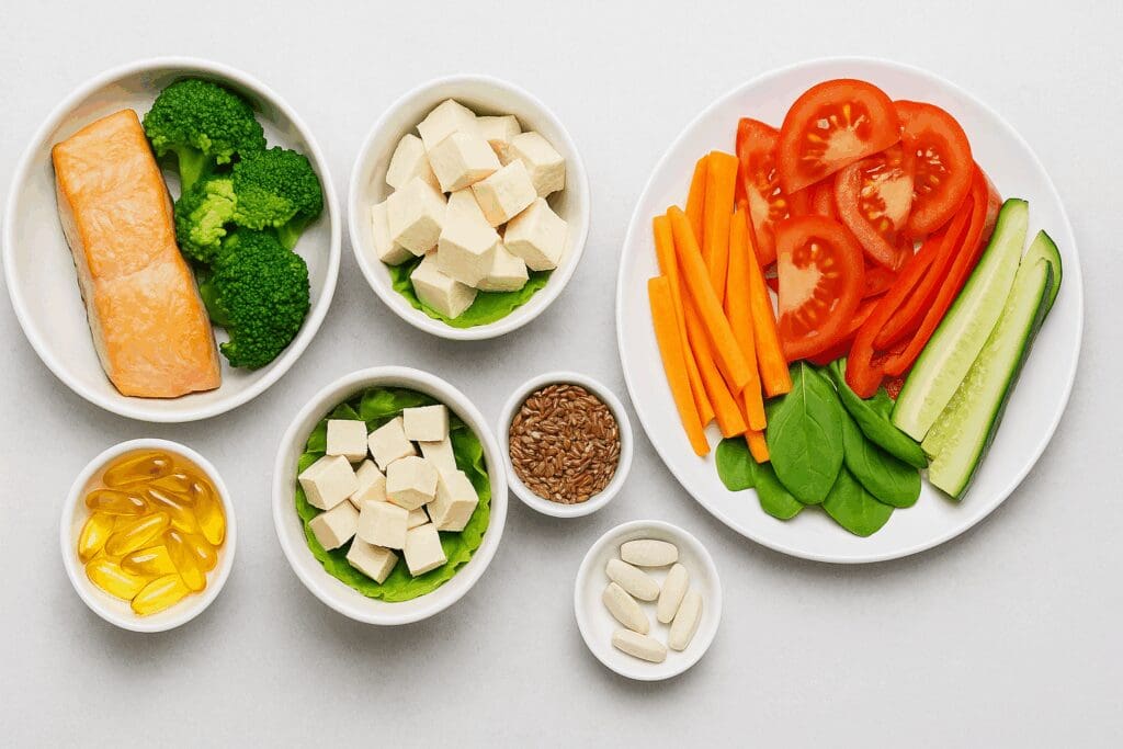Whole-food meal plan with tofu, salmon, flaxseeds, vegetables, and menopause supplements for weight loss like omega-3 and magnesium.