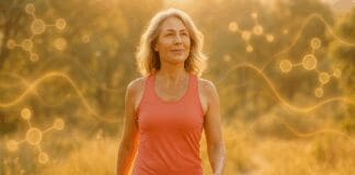 Confident middle-aged woman walking in nature at sunset, symbolizing vitality and balance supported by menopause supplements for weight loss