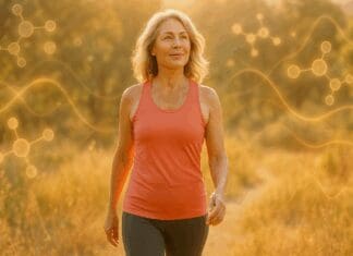 Confident middle-aged woman walking in nature at sunset, symbolizing vitality and balance supported by menopause supplements for weight loss