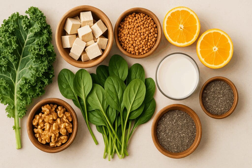 Nutrient-rich ingredients for vegan main meals, including kale, tofu, lentils, spinach, oranges, walnuts, chia seeds, and plant milk on a neutral background