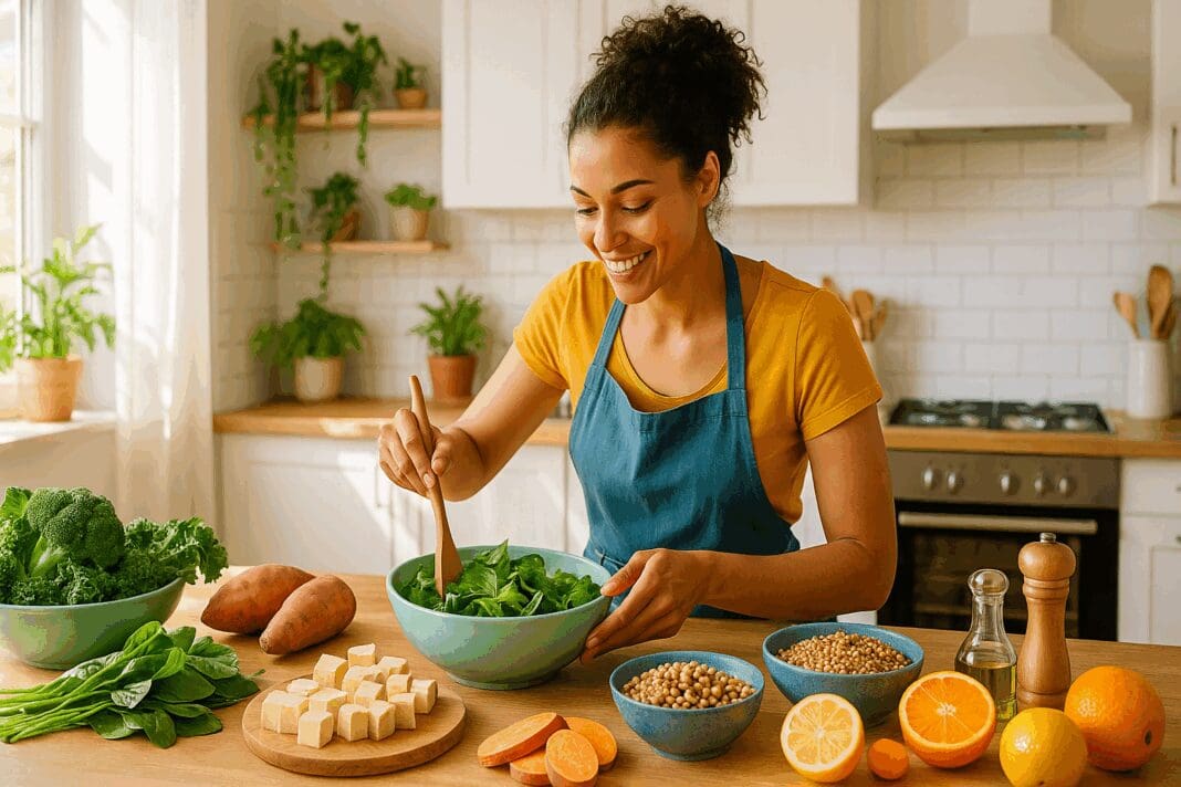Woman preparing vegan main meals in a bright kitchen with leafy greens, tofu, legumes, and citrus fruits on the counter