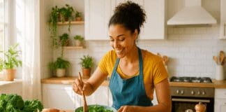 Woman preparing vegan main meals in a bright kitchen with leafy greens, tofu, legumes, and citrus fruits on the counter