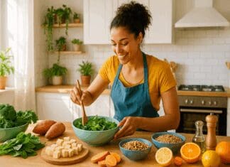 Woman preparing vegan main meals in a bright kitchen with leafy greens, tofu, legumes, and citrus fruits on the counter