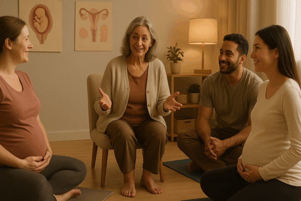 First-time parents in a calm birthing class listening to a midwife, illustrating when do most first time moms go into labor.