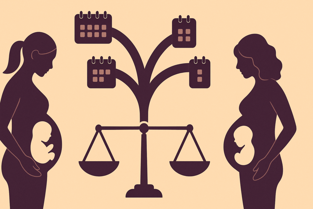 Infographic-style illustration comparing pregnancy timelines using symbolic visuals to explore when do most first time moms go into labor.