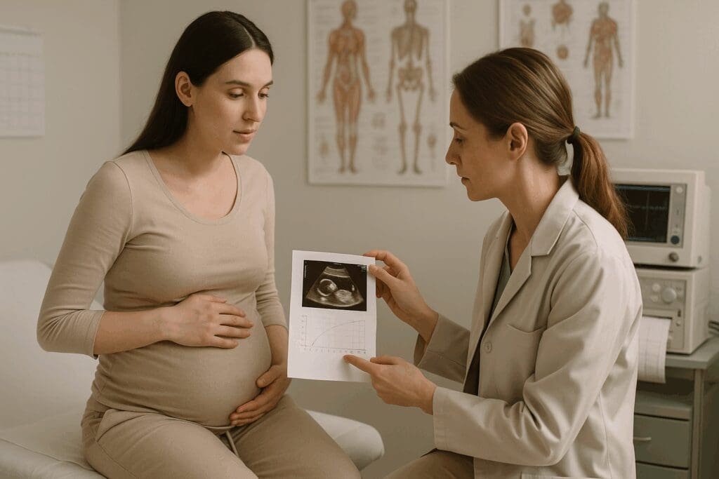Healthcare provider reviewing a sonogram and pregnancy timeline with a first-time mom in a hospital setting, illustrating when do most first time moms go into labor.