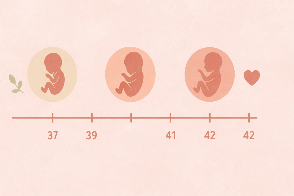Timeline illustration showing fetal development from 37 to 42 weeks to explain when do most first time moms go into labor