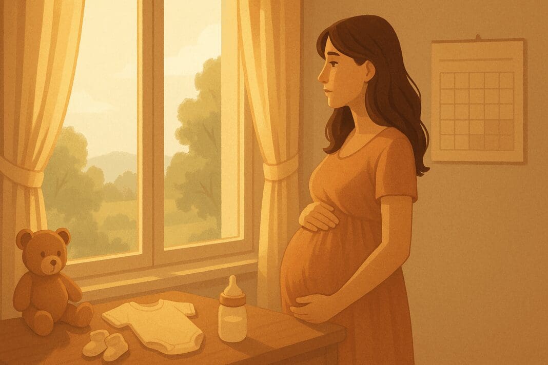 Pregnant woman in sunlit room cradling belly, reflecting on when do most first time moms go into labor.