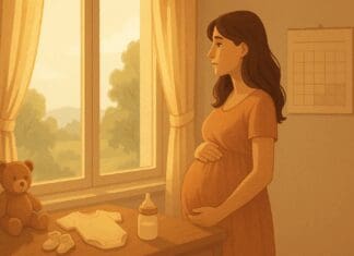 Pregnant woman in sunlit room cradling belly, reflecting on when do most first time moms go into labor.