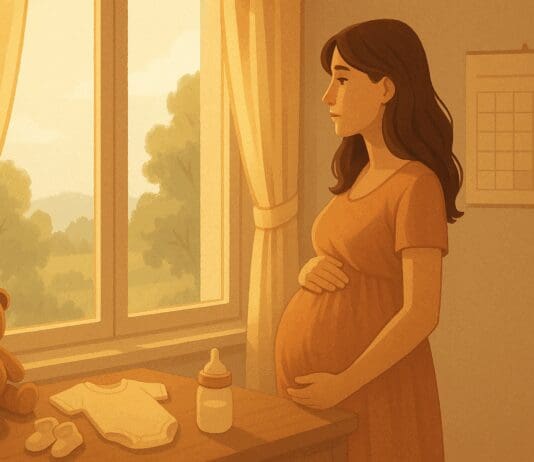 Pregnant woman in sunlit room cradling belly, reflecting on when do most first time moms go into labor.