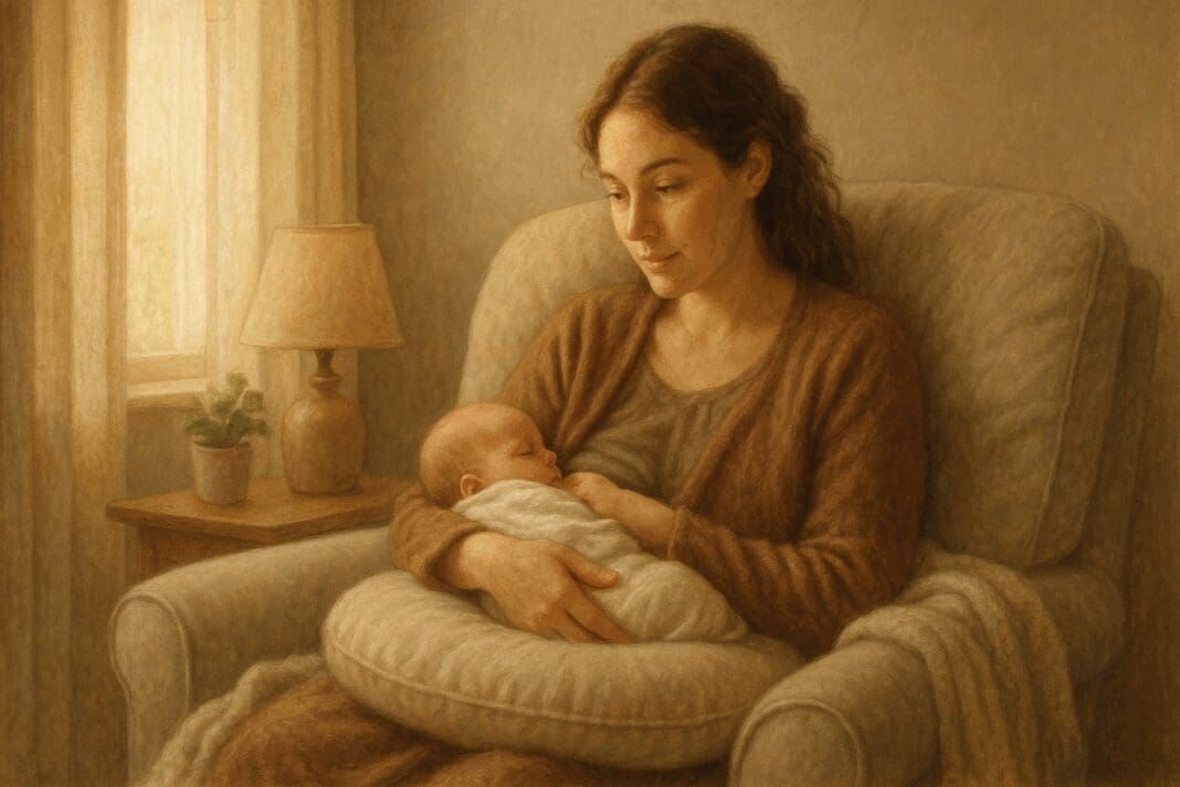 New mother in a cozy room cradling her baby, illustrating early moments when asking why does my breast feel like pins and needles when breastfeeding.