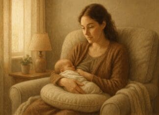 New mother in a cozy room cradling her baby, illustrating early moments when asking why does my breast feel like pins and needles when breastfeeding.
