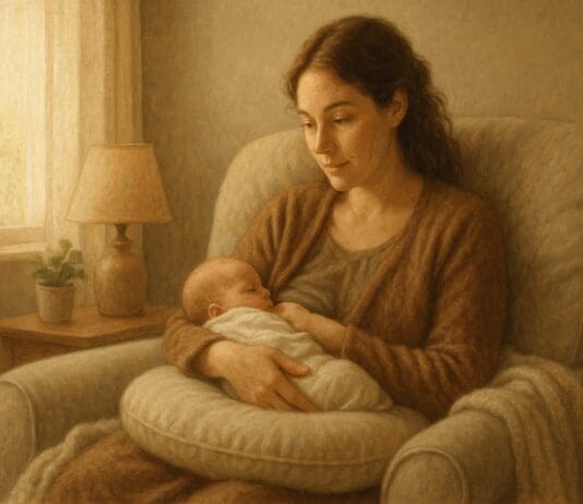 New mother in a cozy room cradling her baby, illustrating early moments when asking why does my breast feel like pins and needles when breastfeeding.
