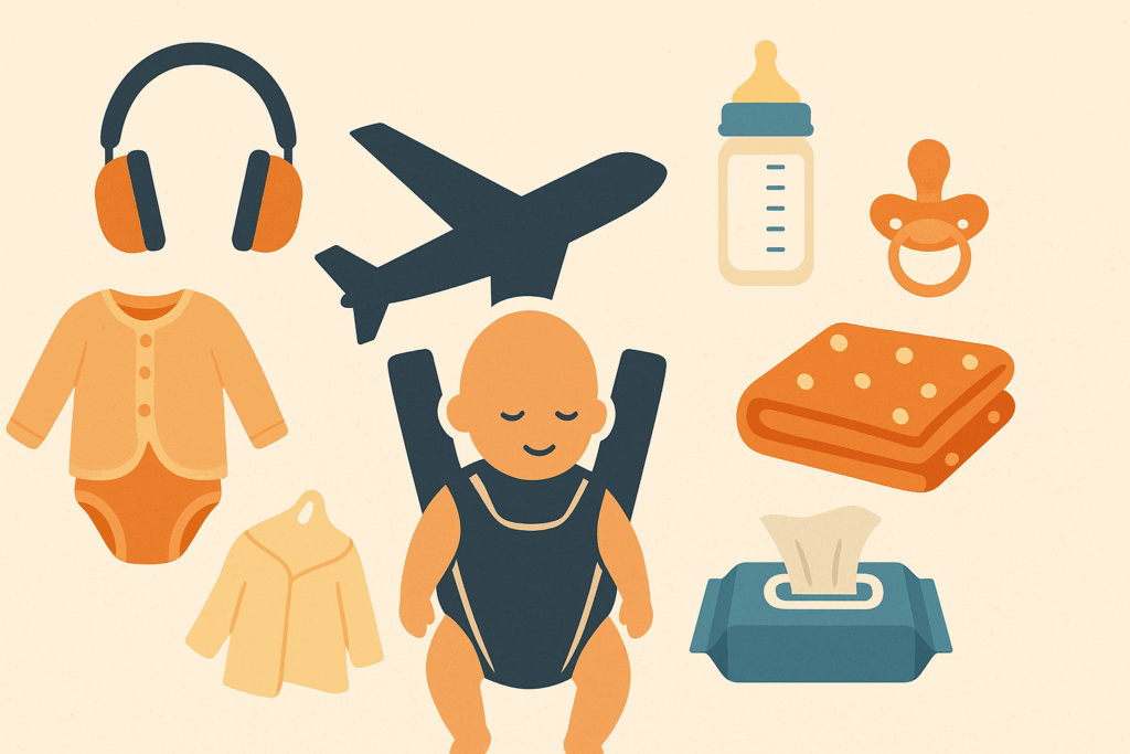 Checklist infographic for air travel essentials with infants, showing comfort items and tips for when is it safe to fly with a baby.