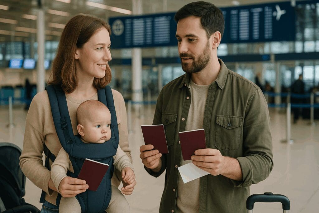 Family at an airport check-in counter calmly preparing for an international flight, illustrating when is it safe to fly with a baby.