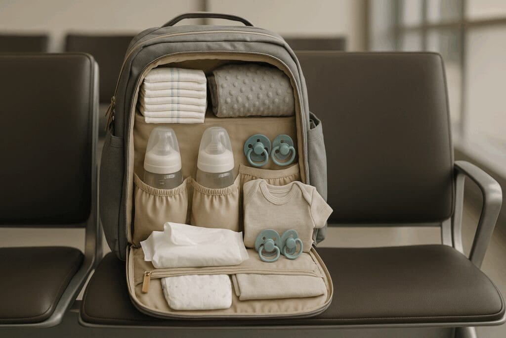Organized diaper bag with baby essentials in an airport lounge, illustrating when is it safe to fly with a baby.