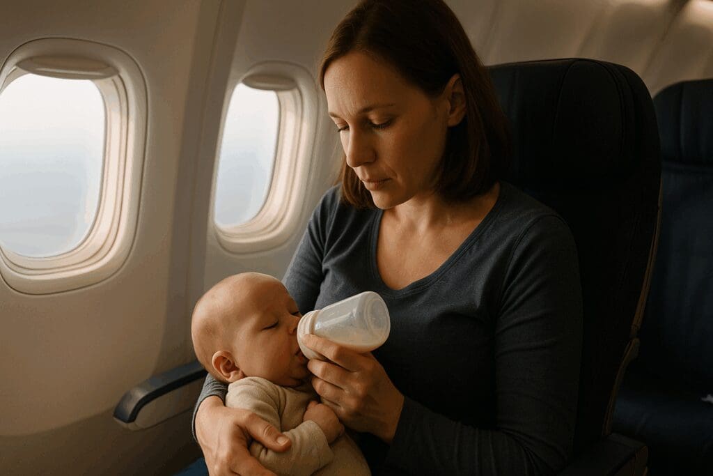 Parent bottle-feeding infant during airplane takeoff, illustrating when is it safe to fly with a baby in a calm cabin setting.