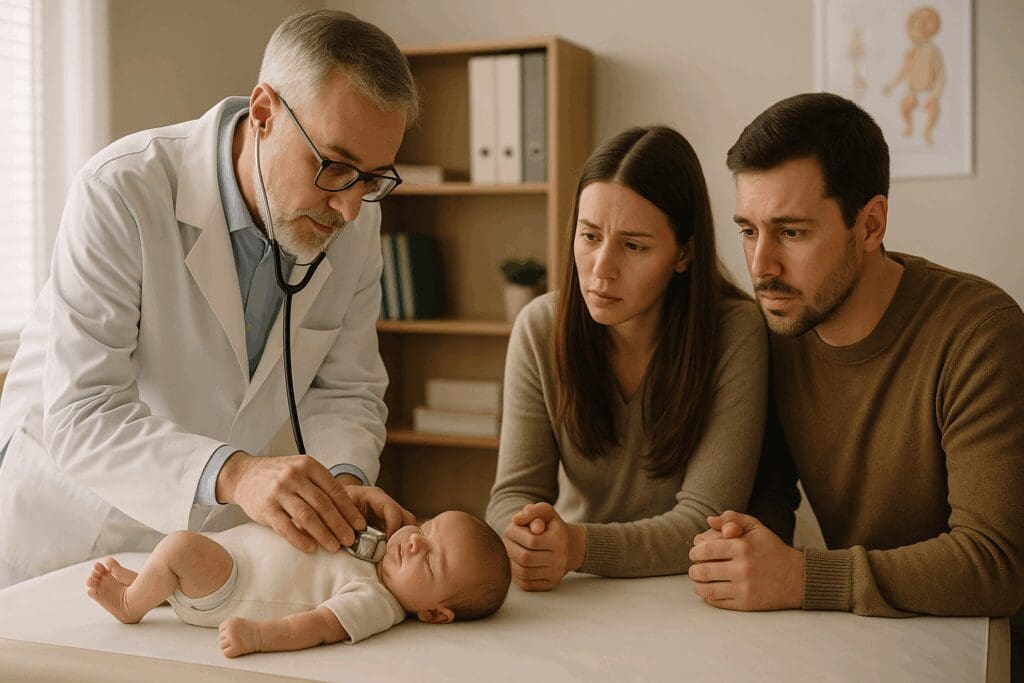 Doctor examining newborn in clinic as parents watch closely, illustrating when is it safe to fly with a baby.