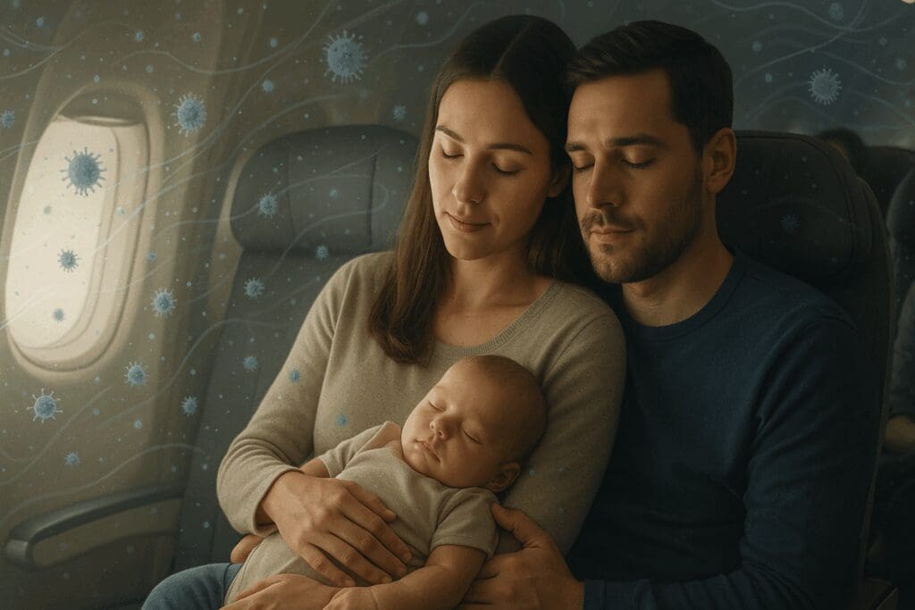 Parents holding a sleeping infant on an airplane, illustrating cabin airflow and airborne risks, representing when is it safe to fly with a baby.