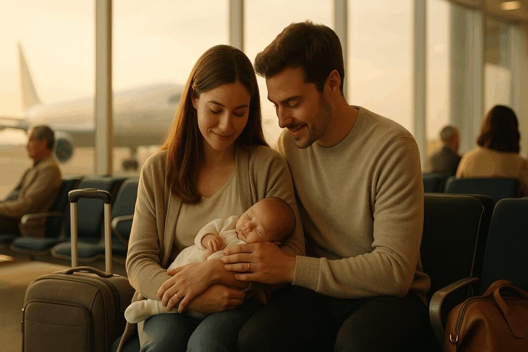 Young couple in an airport lounge gently holding their newborn, capturing a peaceful moment that illustrates when is it safe to fly with a baby.