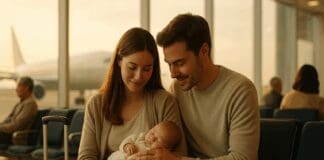 When Is It Safe to Fly With a Baby? A Vital Guide for New Parents in Transit Young couple in an airport lounge gently holding their newborn, capturing a peaceful moment that illustrates when is it safe to fly with a baby.