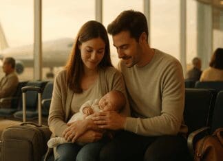 Young couple in an airport lounge gently holding their newborn, capturing a peaceful moment that illustrates when is it safe to fly with a baby.