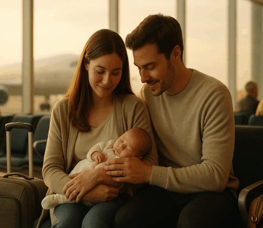 Young couple in an airport lounge gently holding their newborn, capturing a peaceful moment that illustrates when is it safe to fly with a baby.