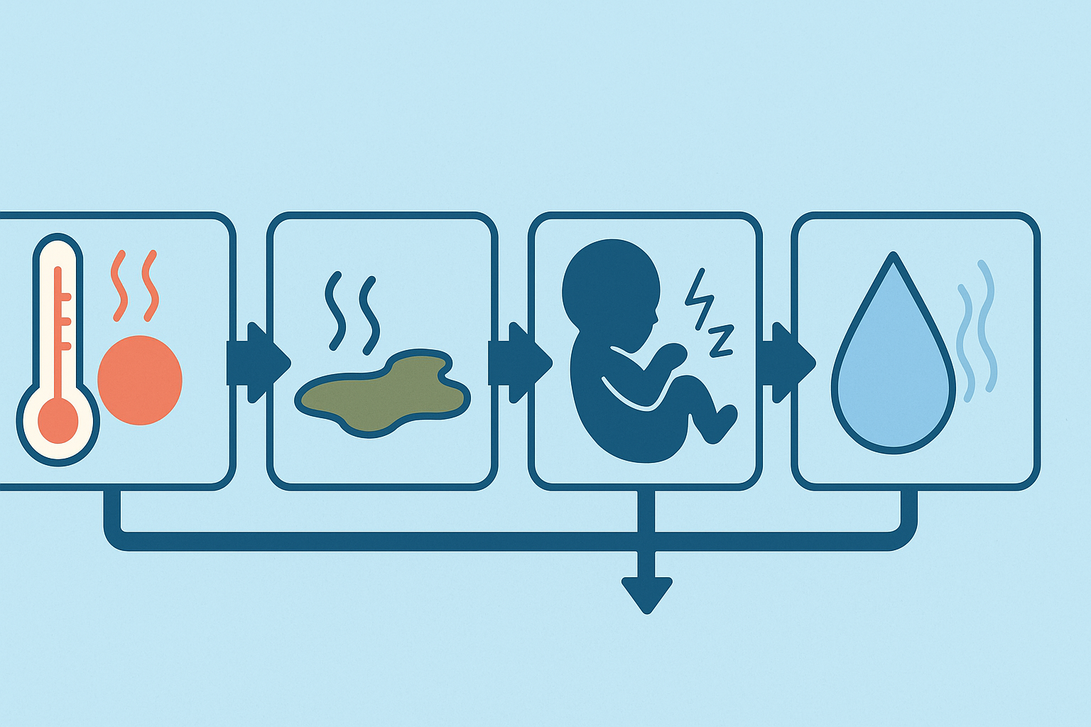Flowchart-style illustration showing fever, discolored fluid, reduced fetal movement, and foul odor as warning signs for when your water broke but no contractions start.