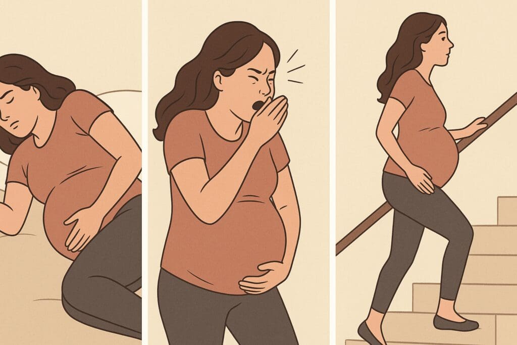Pregnant woman shown in three scenes—rolling in bed, sneezing, and climbing stairs—subtly illustrating when your water broke but no contractions start.