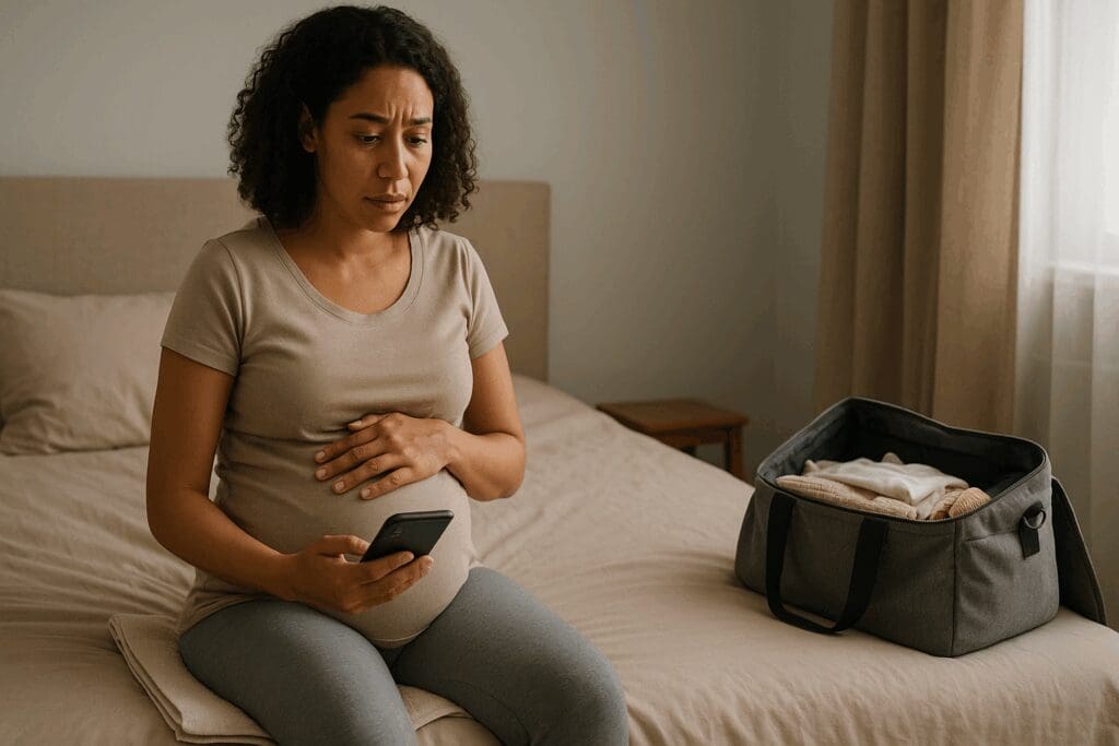 Pregnant woman sitting on bed looking at phone with concern, waiting at home after her water broke but no contractions start.