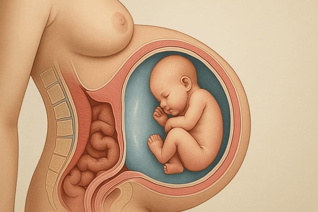 Medical illustration of a full-term pregnant woman with fetus in amniotic sac, showing anatomy relevant to when your water broke but no contractions start